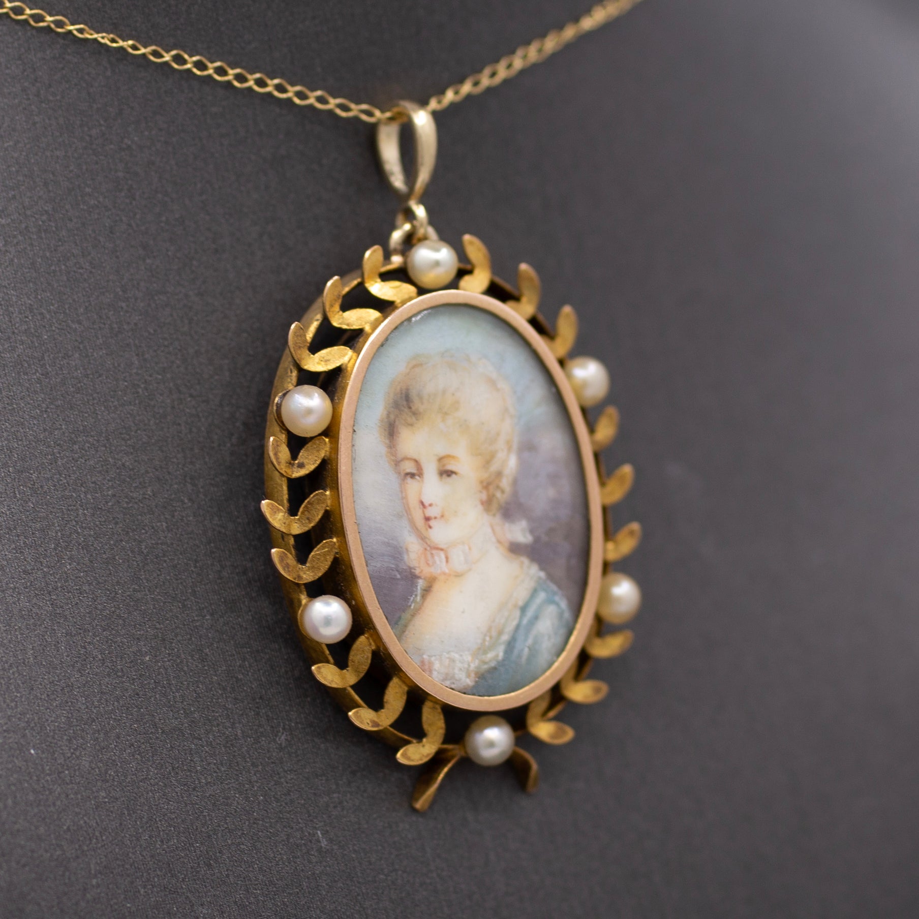 Hand Painted Miniature Woman's Portrait With Pearl Wreath Pendant in 14k Yellow Gold