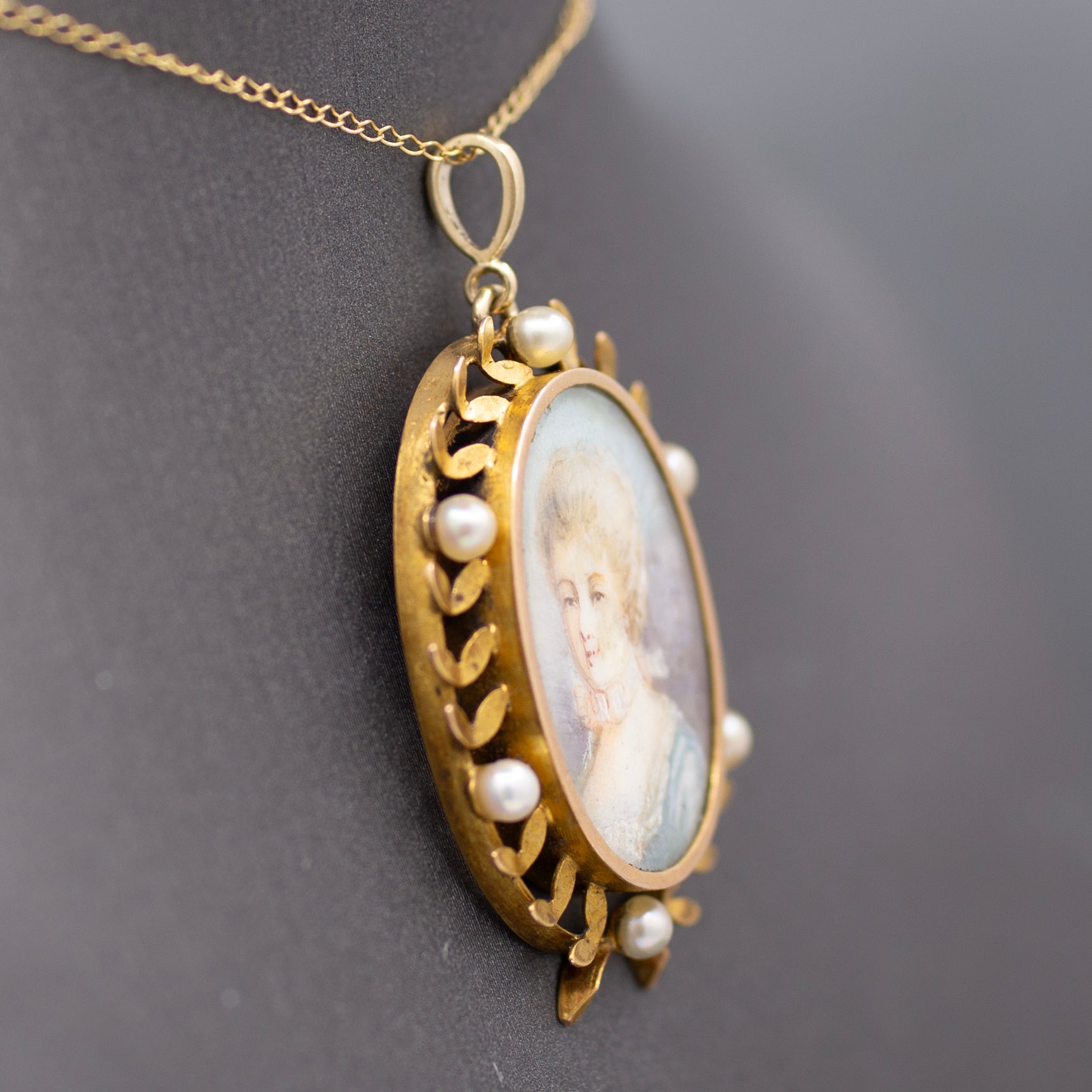 Hand Painted Miniature Woman's Portrait With Pearl Wreath Pendant in 14k Yellow Gold