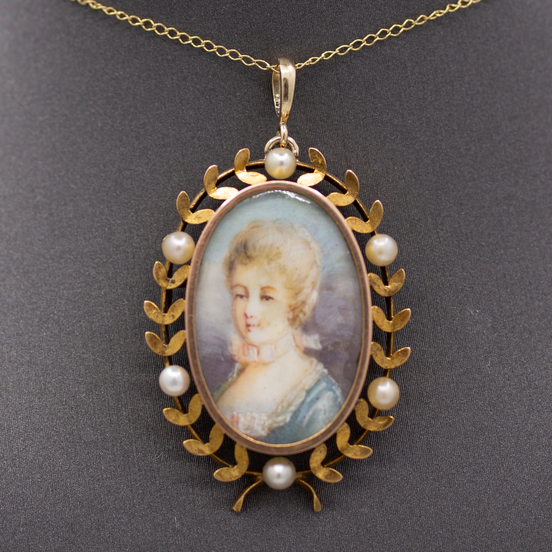 Hand Painted Miniature Woman's Portrait With Pearl Wreath Pendant in 14k Yellow Gold