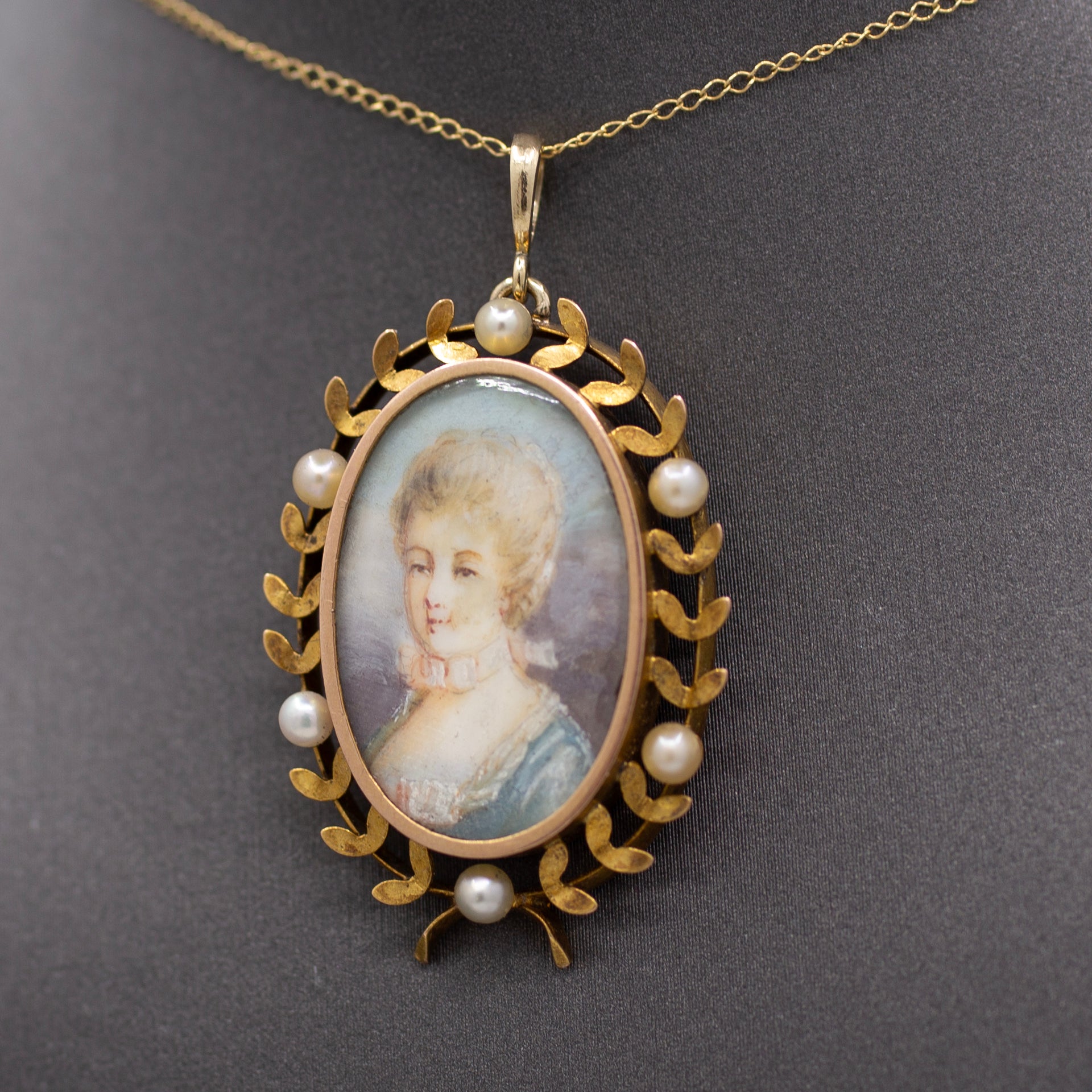 Hand Painted Miniature Woman's Portrait With Pearl Wreath Pendant in 14k Yellow Gold