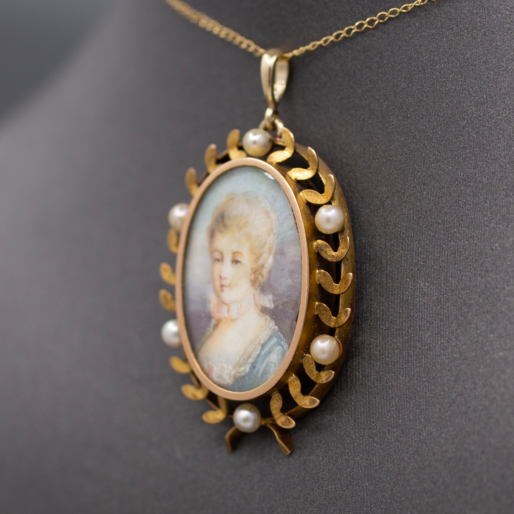 Hand Painted Miniature Woman's Portrait With Pearl Wreath Pendant in 14k Yellow Gold