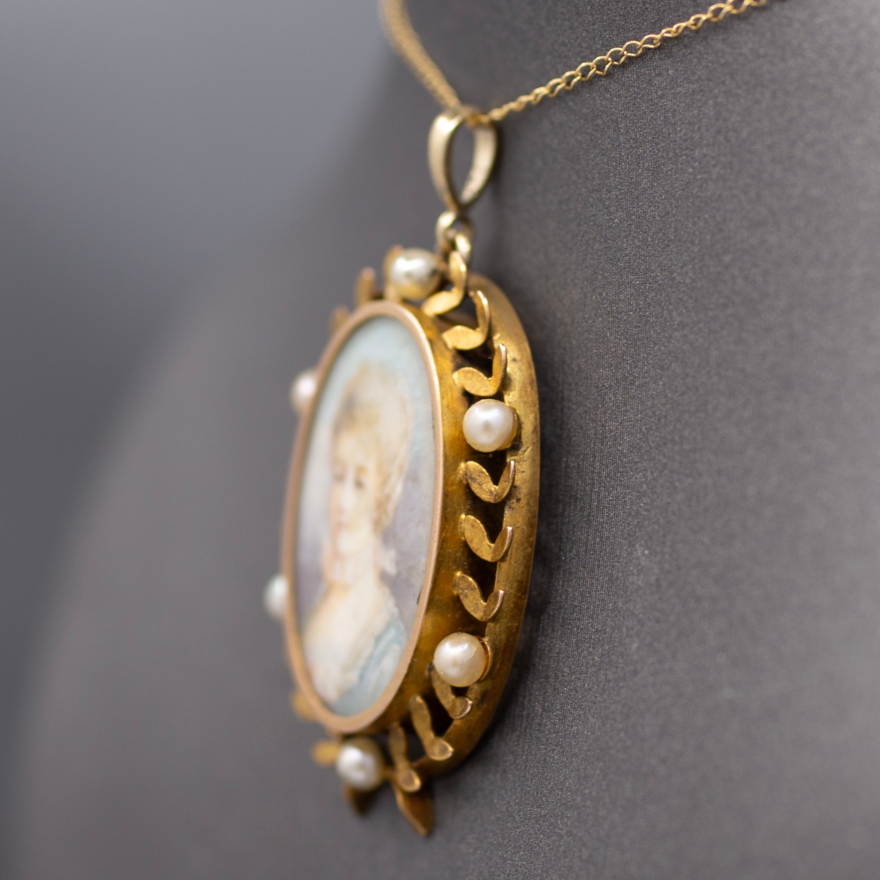 Hand Painted Miniature Woman's Portrait With Pearl Wreath Pendant in 14k Yellow Gold