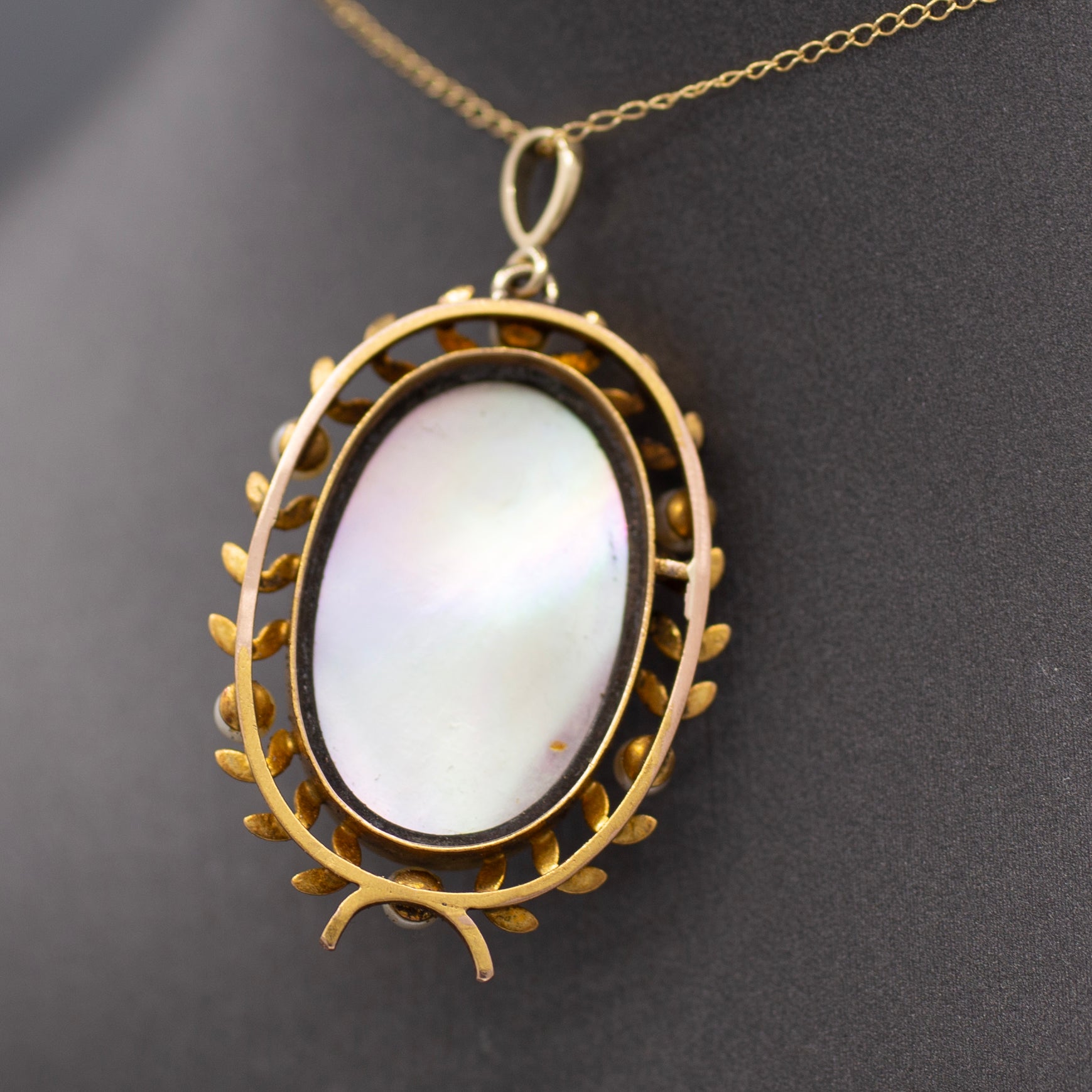 Hand Painted Miniature Woman's Portrait With Pearl Wreath Pendant in 14k Yellow Gold