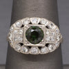 Late Art Deco Deep Green Sapphire and Old European Cut Diamond Ring in 14k White Gold