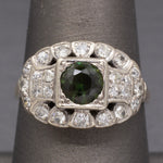 Late Art Deco Deep Green Sapphire and Old European Cut Diamond Ring in 14k White Gold