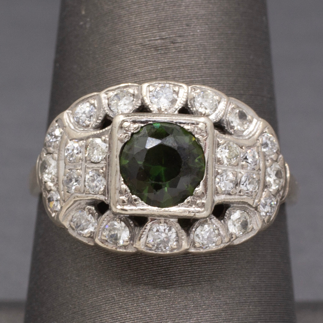 Late Art Deco Deep Green Sapphire and Old European Cut Diamond Ring in 14k White Gold