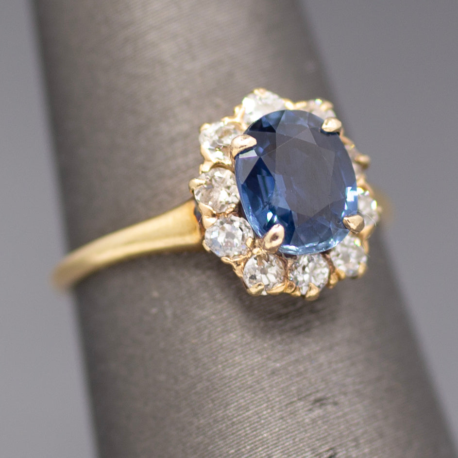 Victorian Blue Sapphire and Old Mine Cut Diamond Halo Ring in 14k Yellow Gold