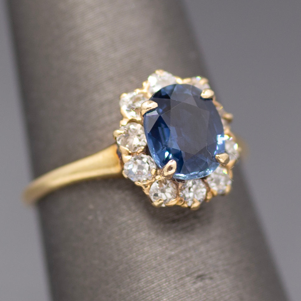 Victorian Blue Sapphire and Old Mine Cut Diamond Halo Ring in 14k Yellow Gold