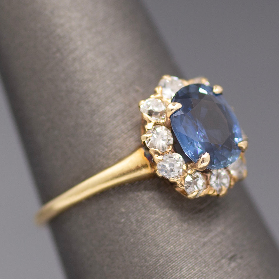 Victorian Blue Sapphire and Old Mine Cut Diamond Halo Ring in 14k Yellow Gold