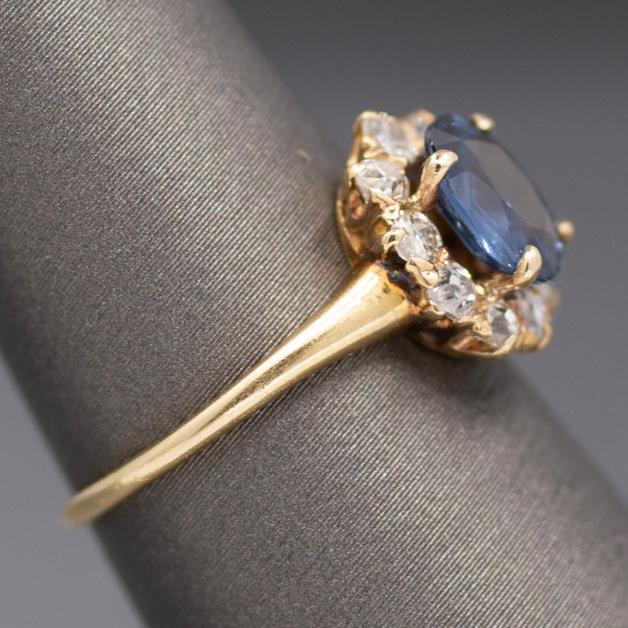 Victorian Blue Sapphire and Old Mine Cut Diamond Halo Ring in 14k Yellow Gold