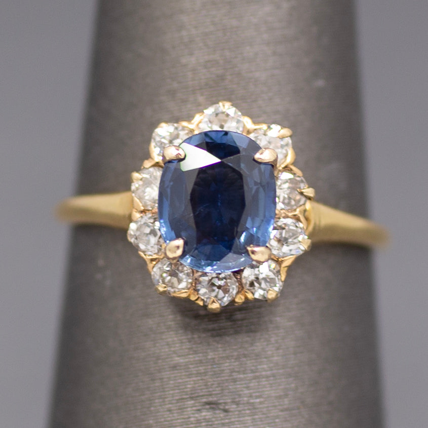 Victorian Blue Sapphire and Old Mine Cut Diamond Halo Ring in 14k Yellow Gold