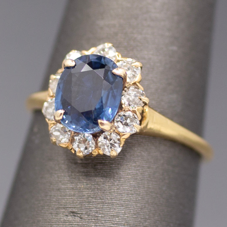 Victorian Blue Sapphire and Old Mine Cut Diamond Halo Ring in 14k Yellow Gold