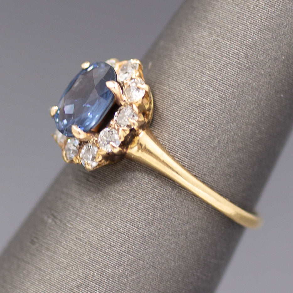 Victorian Blue Sapphire and Old Mine Cut Diamond Halo Ring in 14k Yellow Gold