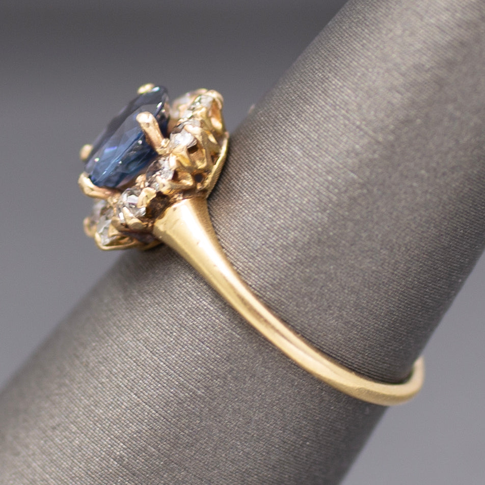 Victorian Blue Sapphire and Old Mine Cut Diamond Halo Ring in 14k Yellow Gold