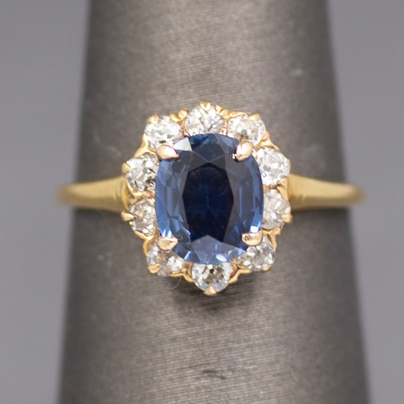 Victorian Blue Sapphire and Old Mine Cut Diamond Halo Ring in 14k Yellow Gold