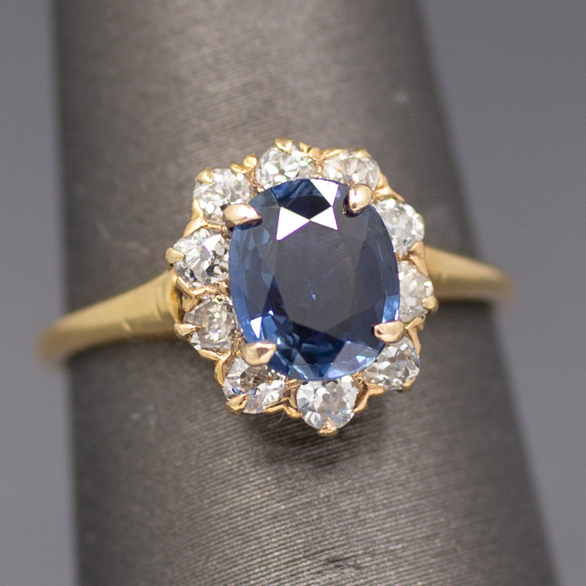 Victorian Blue Sapphire and Old Mine Cut Diamond Halo Ring in 14k Yellow Gold