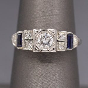 Amazing Art Deco Old European Cut Diamond and Sapphire Ring in 18k White Gold