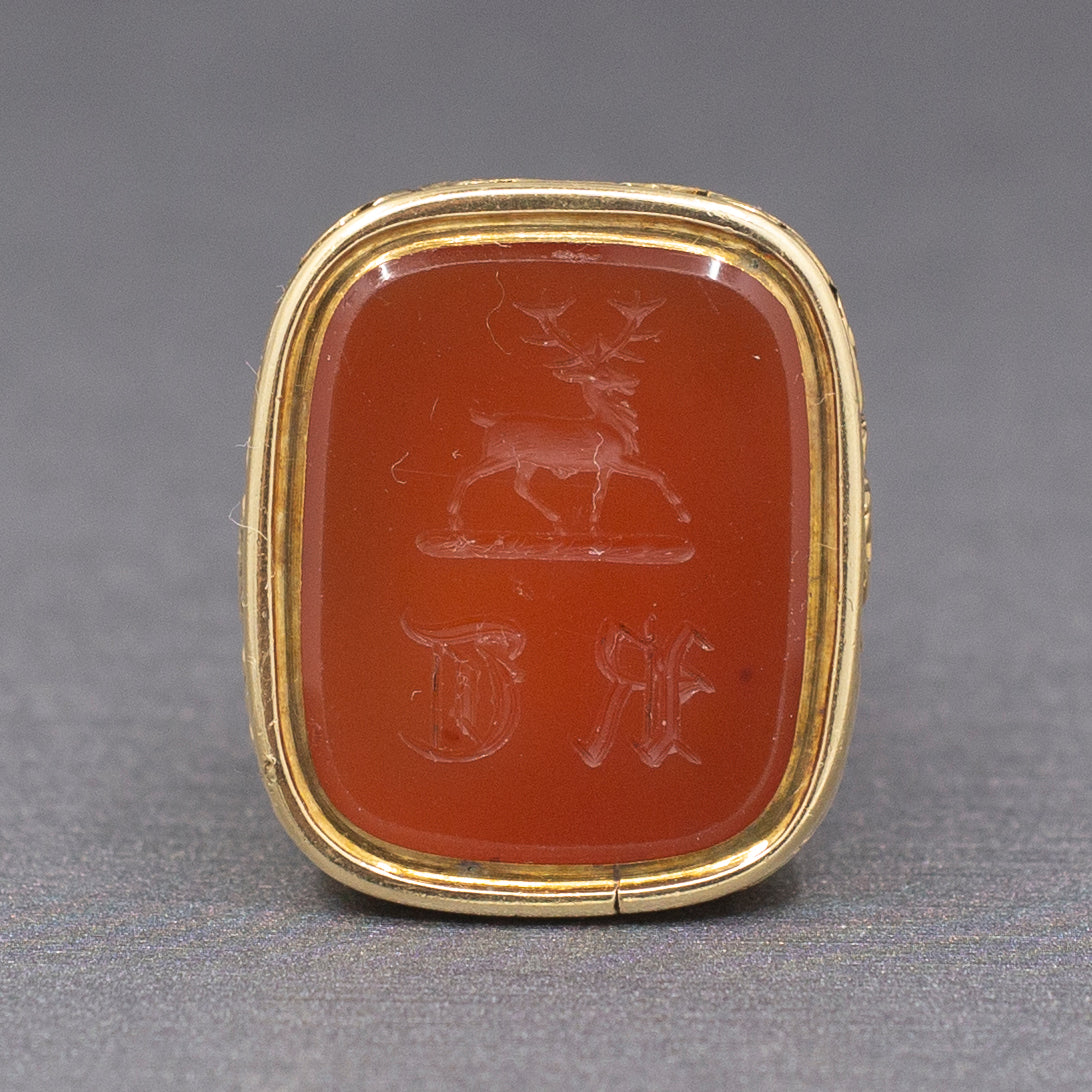 Exquisite Victorian Antique Fob with Stag Intaglio Carnelian in 14k Yellow Gold