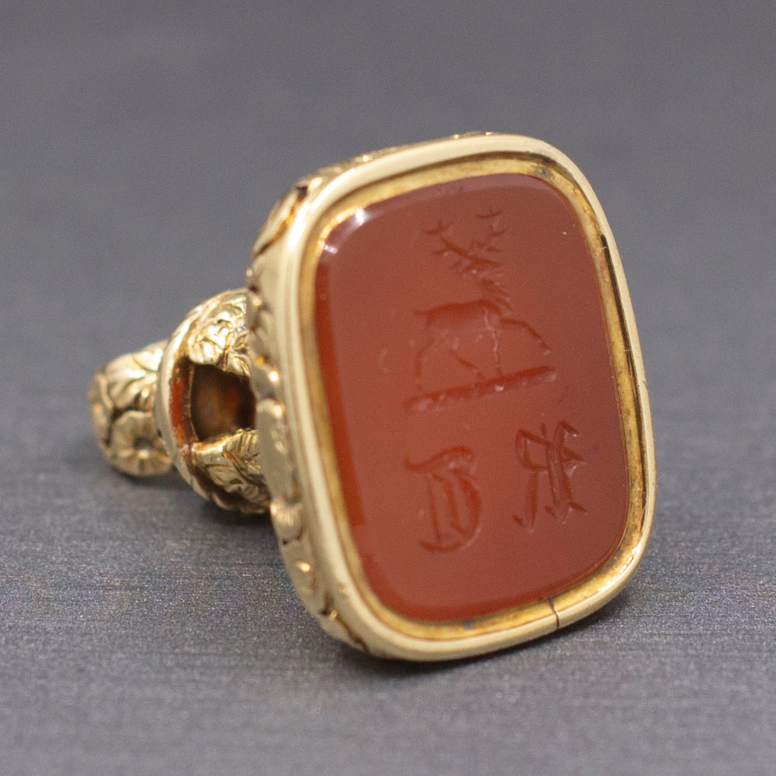 Exquisite Victorian Antique Fob with Stag Intaglio Carnelian in 14k Yellow Gold