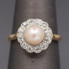 Sparkling Edwardian Pearl & Old European Cut Diamond Halo Ring in 14k Yellow Gold