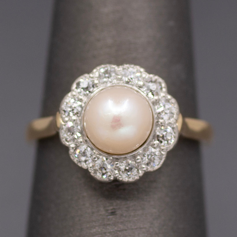Sparkling Edwardian Pearl & Old European Cut Diamond Halo Ring in 14k Yellow Gold