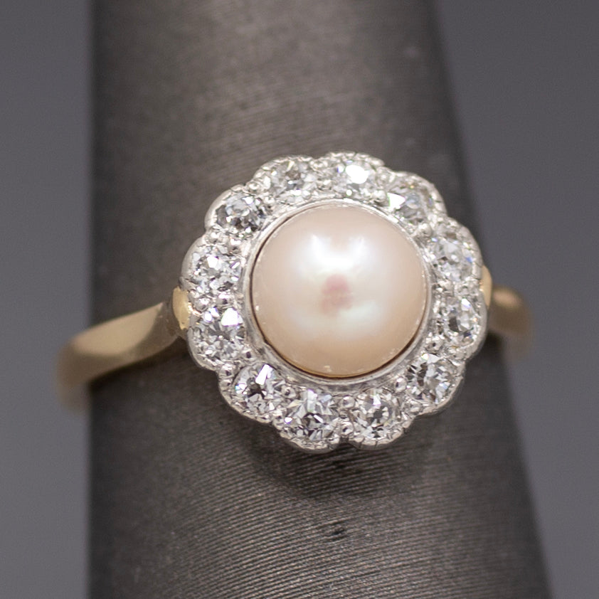 Sparkling Edwardian Pearl & Old European Cut Diamond Halo Ring in 14k Yellow Gold