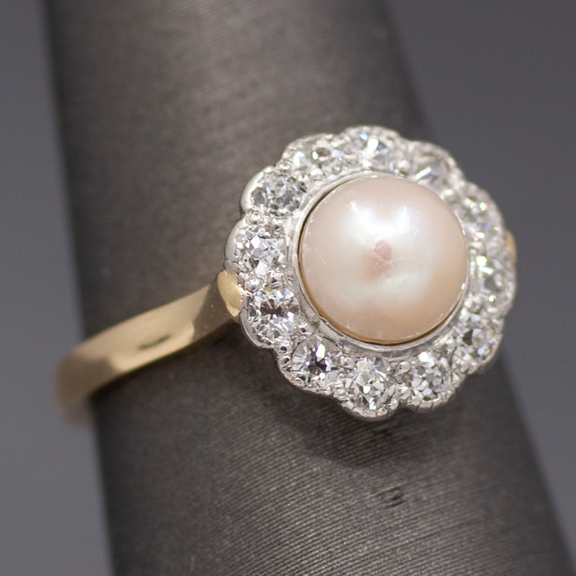 Sparkling Edwardian Pearl & Old European Cut Diamond Halo Ring in 14k Yellow Gold