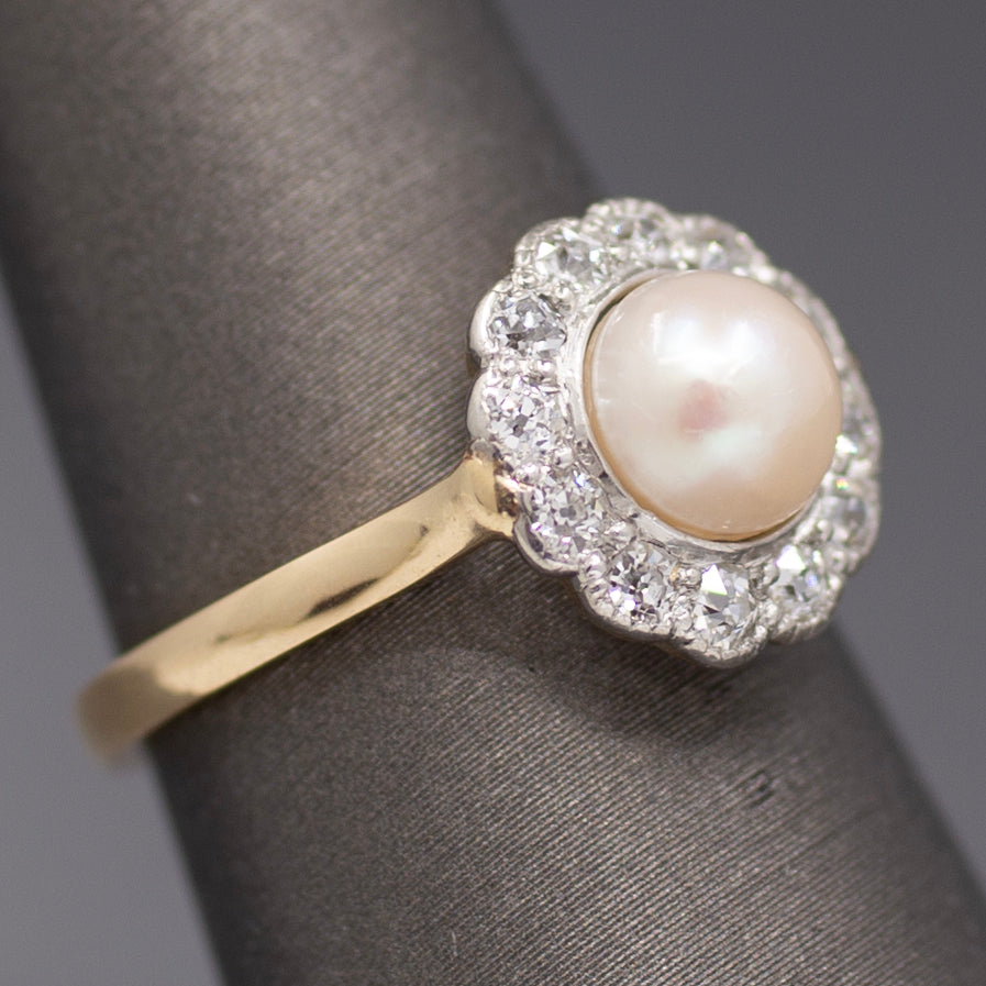 Sparkling Edwardian Pearl & Old European Cut Diamond Halo Ring in 14k Yellow Gold