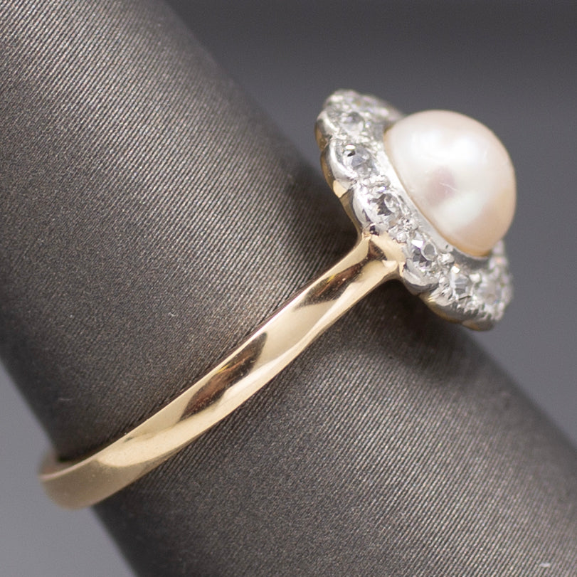 Sparkling Edwardian Pearl & Old European Cut Diamond Halo Ring in 14k Yellow Gold