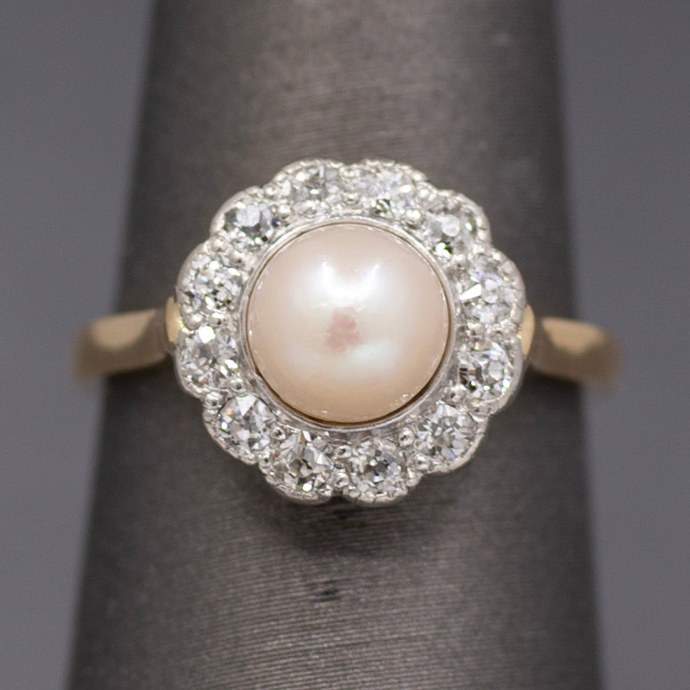 Sparkling Edwardian Pearl & Old European Cut Diamond Halo Ring in 14k Yellow Gold
