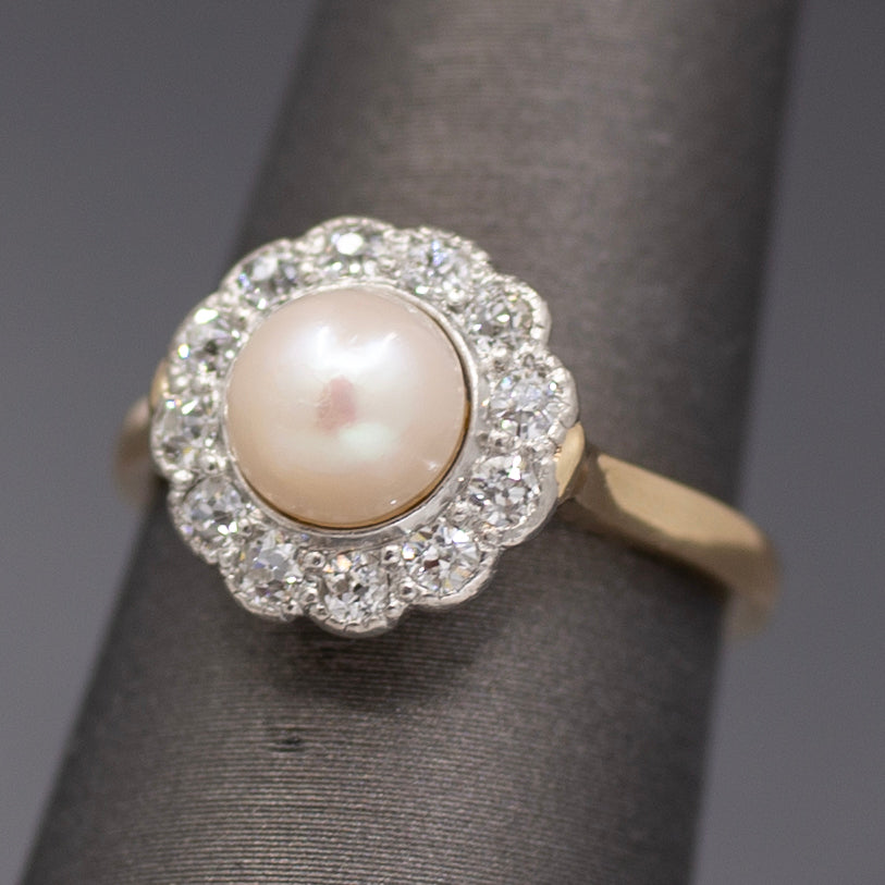 Sparkling Edwardian Pearl & Old European Cut Diamond Halo Ring in 14k Yellow Gold