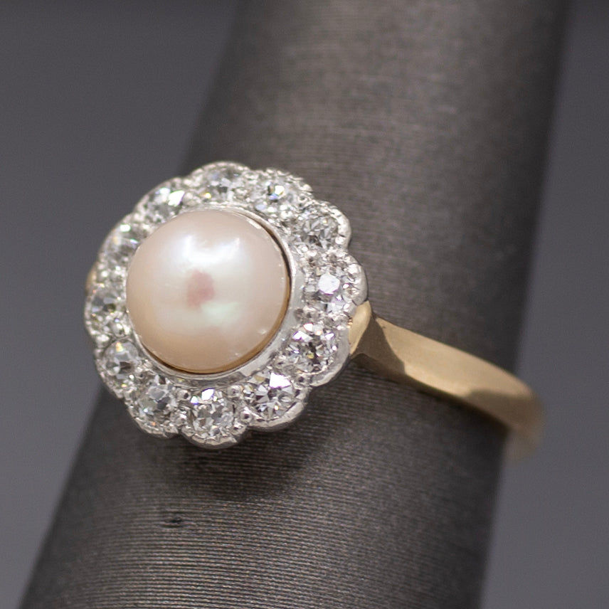 Sparkling Edwardian Pearl & Old European Cut Diamond Halo Ring in 14k Yellow Gold