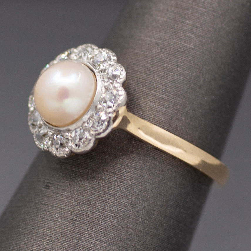 Sparkling Edwardian Pearl & Old European Cut Diamond Halo Ring in 14k Yellow Gold