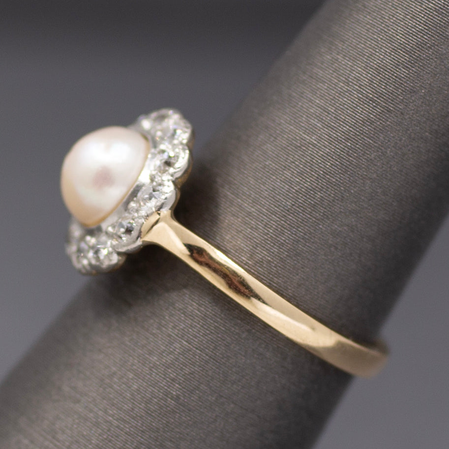Sparkling Edwardian Pearl & Old European Cut Diamond Halo Ring in 14k Yellow Gold