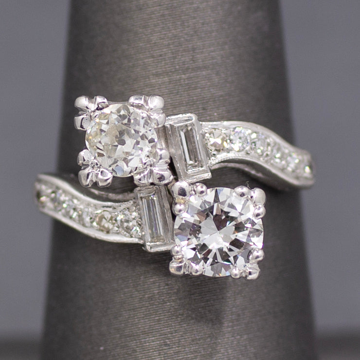 Late Art Deco Old European Cut Diamond Toi et Moi Bypass Ring in 18k White Gold