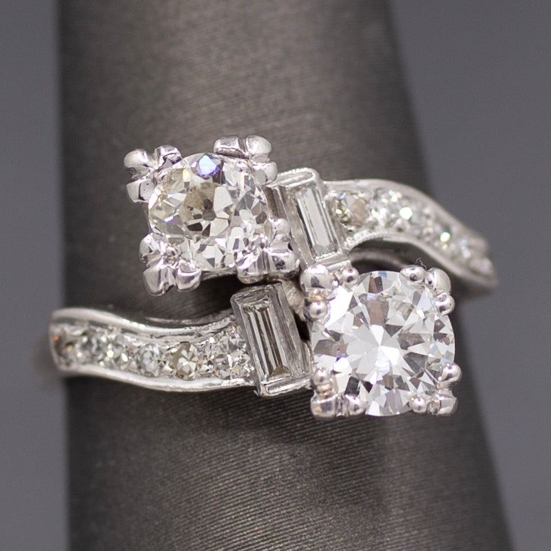 Late Art Deco Old European Cut Diamond Toi et Moi Bypass Ring in 18k White Gold