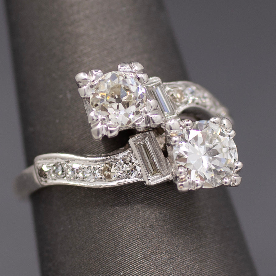 Late Art Deco Old European Cut Diamond Toi et Moi Bypass Ring in 18k White Gold