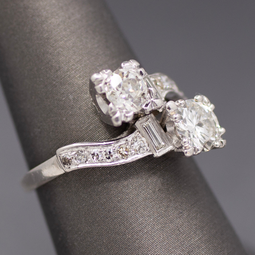 Late Art Deco Old European Cut Diamond Toi et Moi Bypass Ring in 18k White Gold