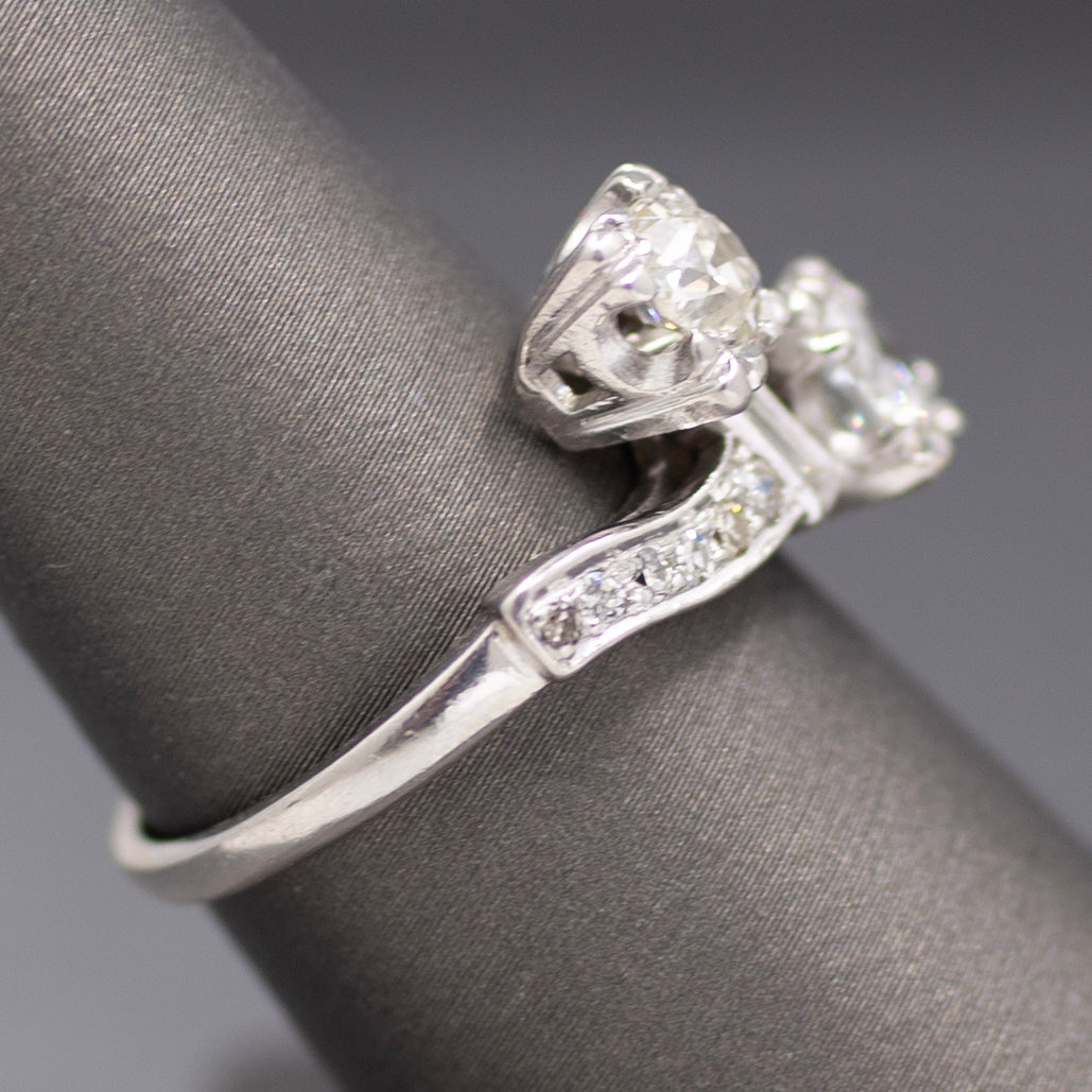 Late Art Deco Old European Cut Diamond Toi et Moi Bypass Ring in 18k White Gold