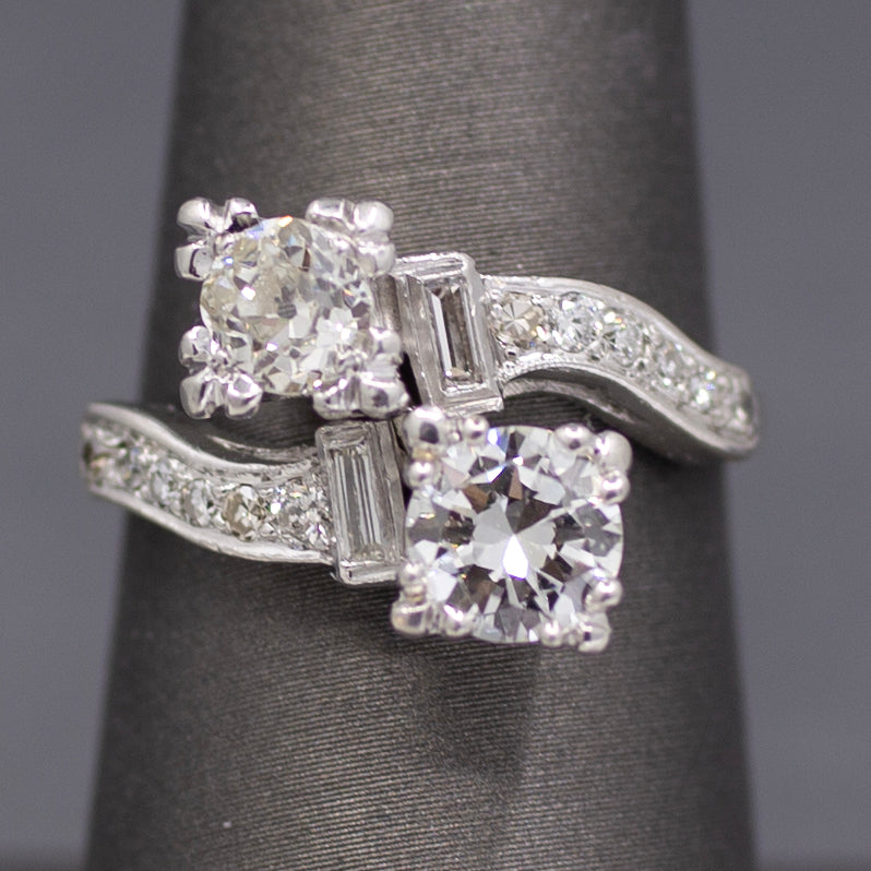 Late Art Deco Old European Cut Diamond Toi et Moi Bypass Ring in 18k White Gold