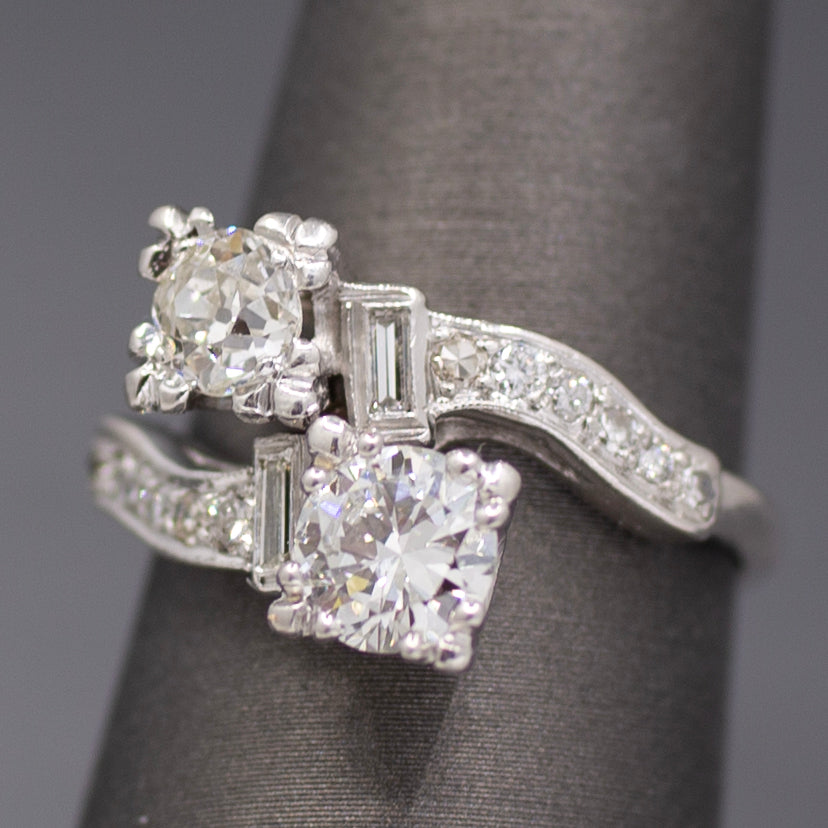Late Art Deco Old European Cut Diamond Toi et Moi Bypass Ring in 18k White Gold
