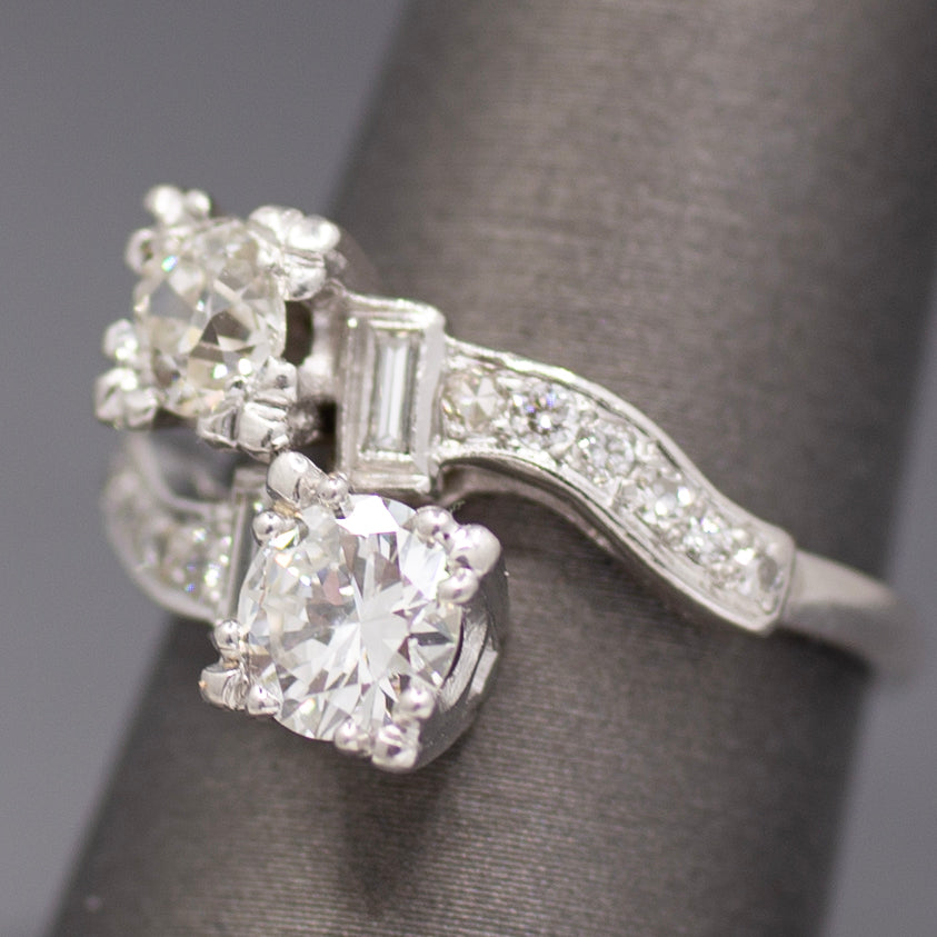 Late Art Deco Old European Cut Diamond Toi et Moi Bypass Ring in 18k White Gold