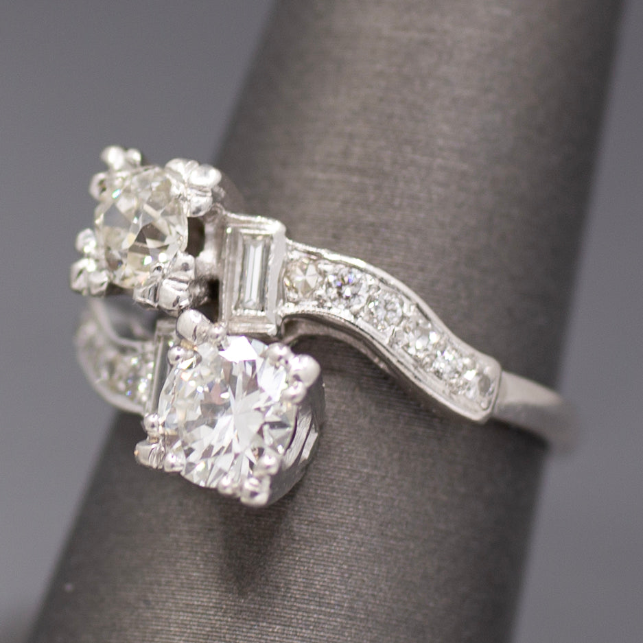 Late Art Deco Old European Cut Diamond Toi et Moi Bypass Ring in 18k White Gold