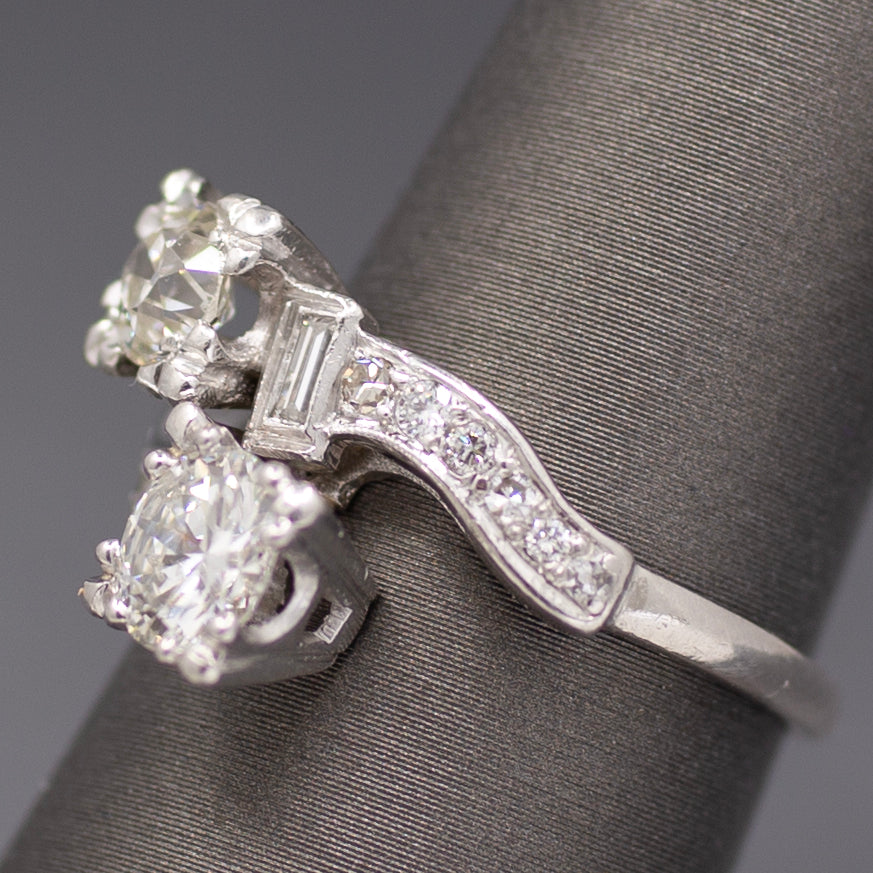 Late Art Deco Old European Cut Diamond Toi et Moi Bypass Ring in 18k White Gold
