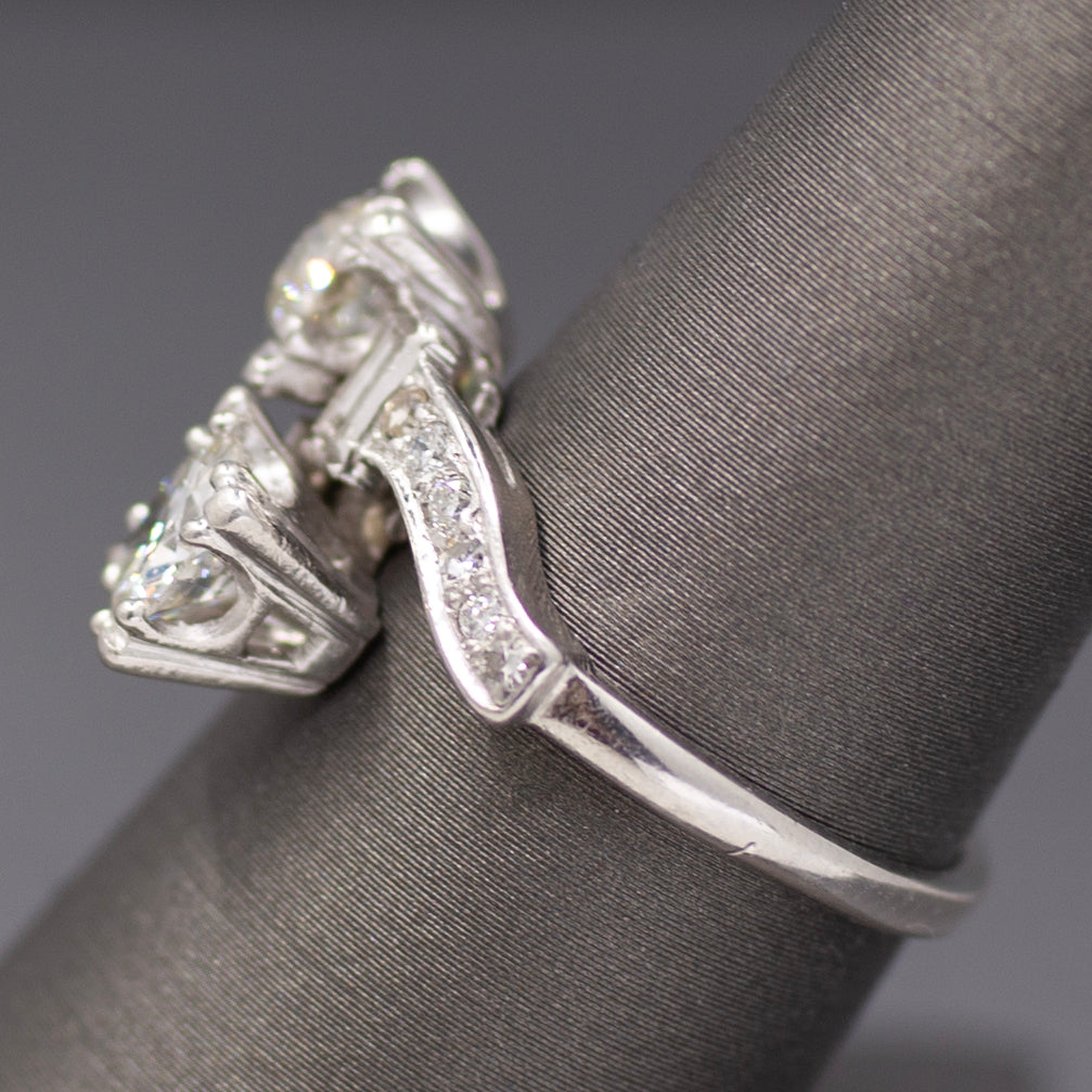 Late Art Deco Old European Cut Diamond Toi et Moi Bypass Ring in 18k White Gold