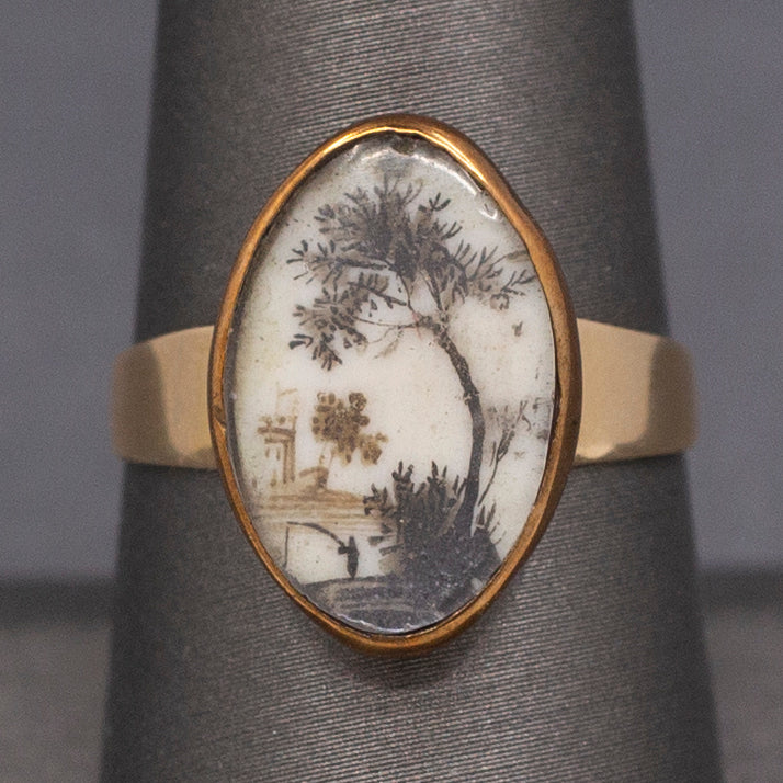 Antique Ring with Georgian Sepia Landscape Bezel Set in 9k and 14k Gold