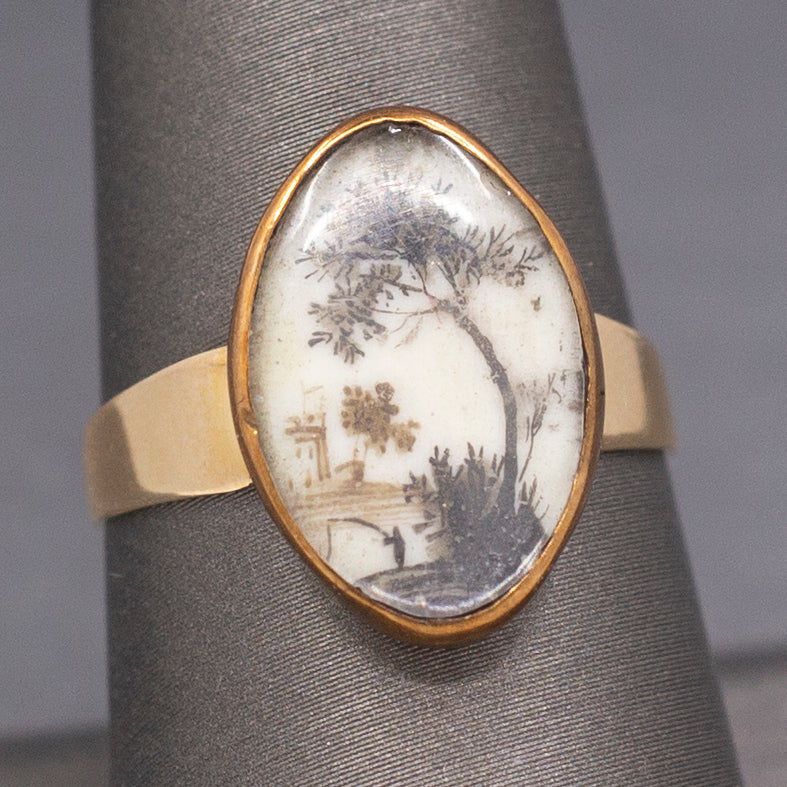 Antique Ring with Georgian Sepia Landscape Bezel Set in 9k and 14k Gold