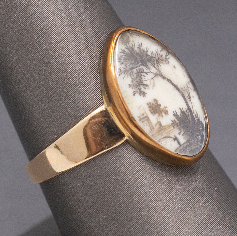 Antique Ring with Georgian Sepia Landscape Bezel Set in 9k and 14k Gold