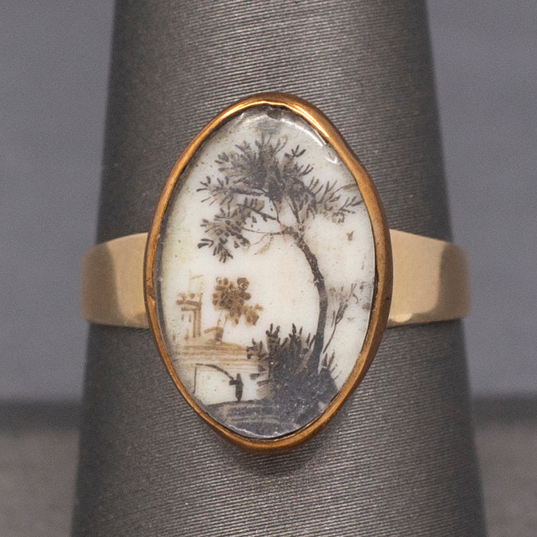 Antique Ring with Georgian Sepia Landscape Bezel Set in 9k and 14k Gold
