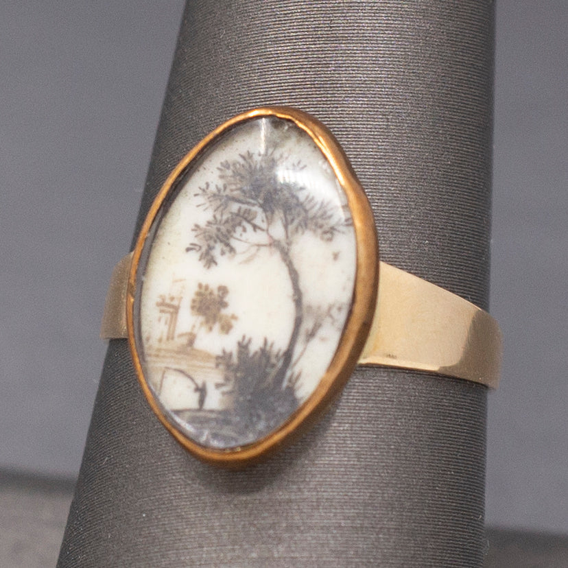 Antique Ring with Georgian Sepia Landscape Bezel Set in 9k and 14k Gold